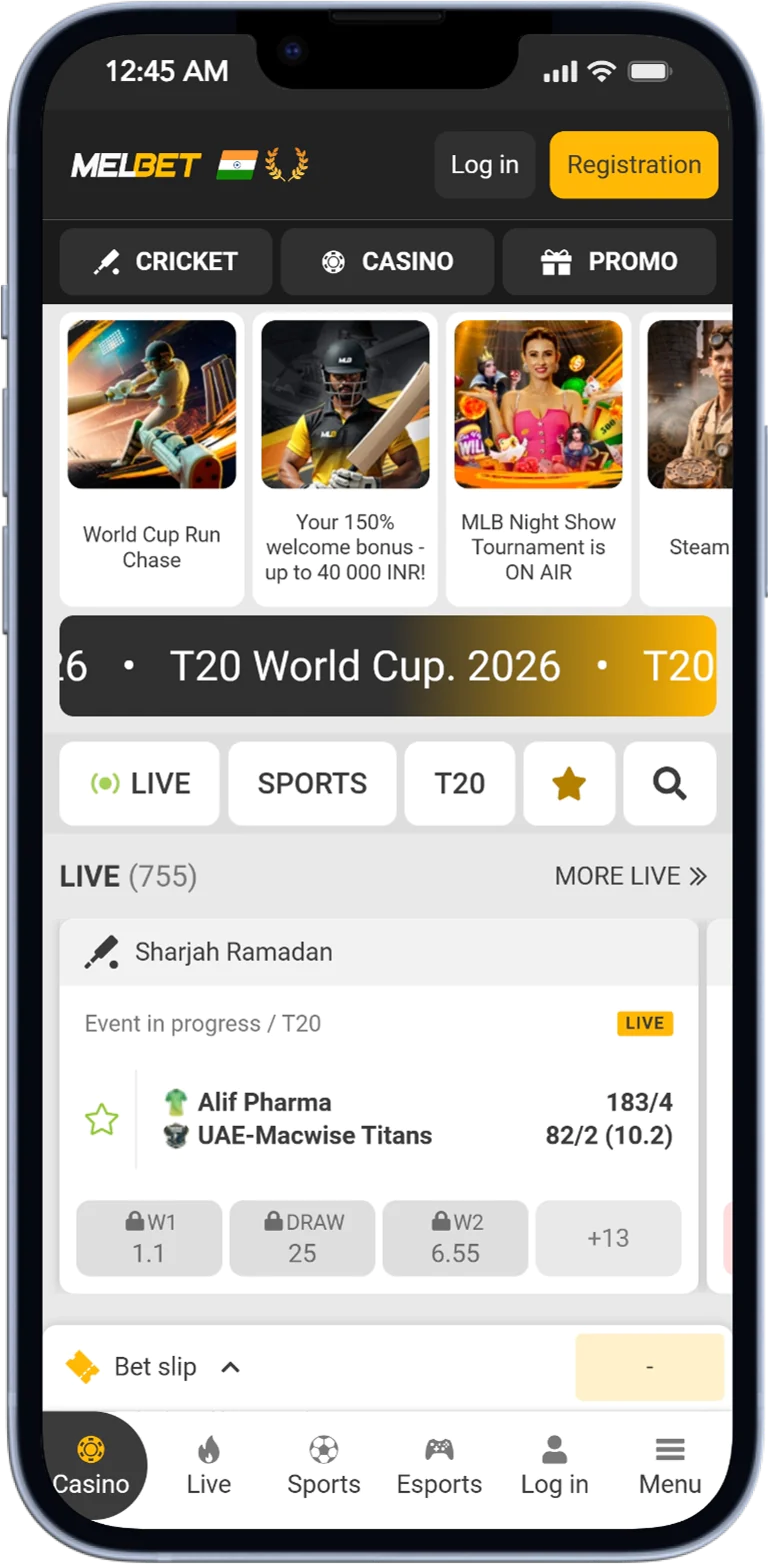 Screenshot of the Melbet App Main Page